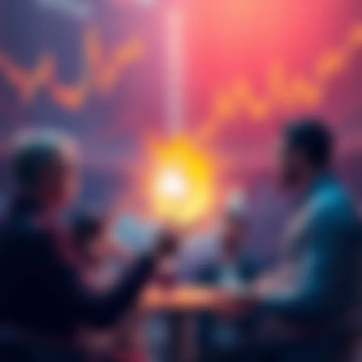 A group of people discussing DOGE's future value with charts and graphs in the background.