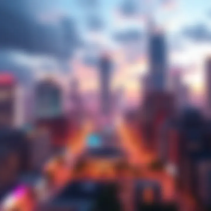 A vibrant city skyline in 2025 with green technology and community spaces