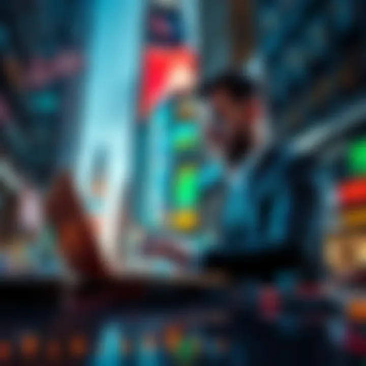 A modern financial professional coding on a laptop with digital graphs and Wall Street in the background.