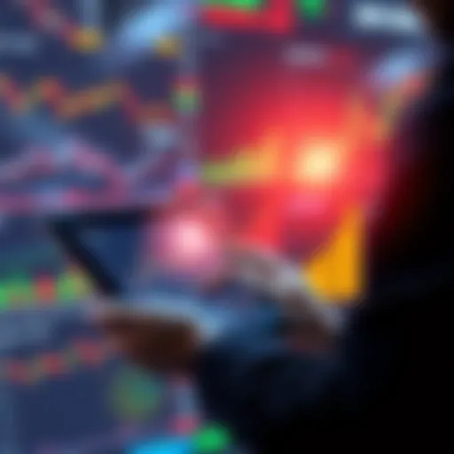 A person analyzing market trends on a digital tablet, surrounded by graphs and charts illustrating trade opportunities for 2025.
