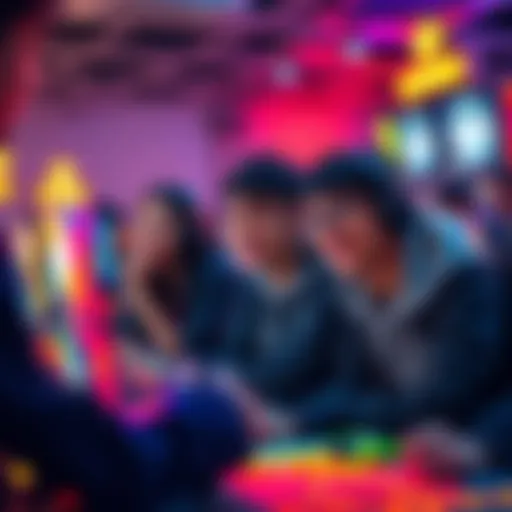 A group of players enjoying a play-to-earn game, smiling and interacting, with colorful gaming screens in front of them