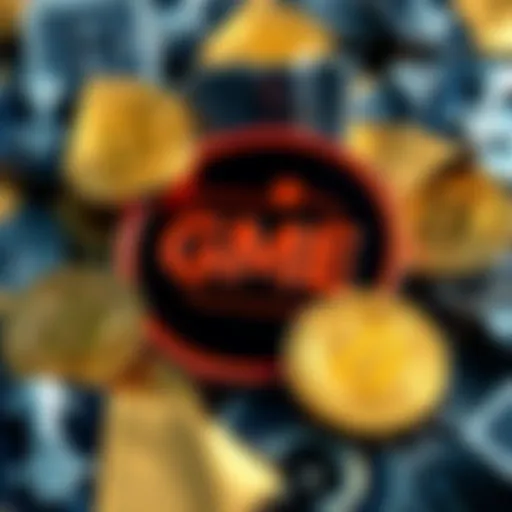 GME company logo surrounded by Bitcoin symbols, representing risky investments