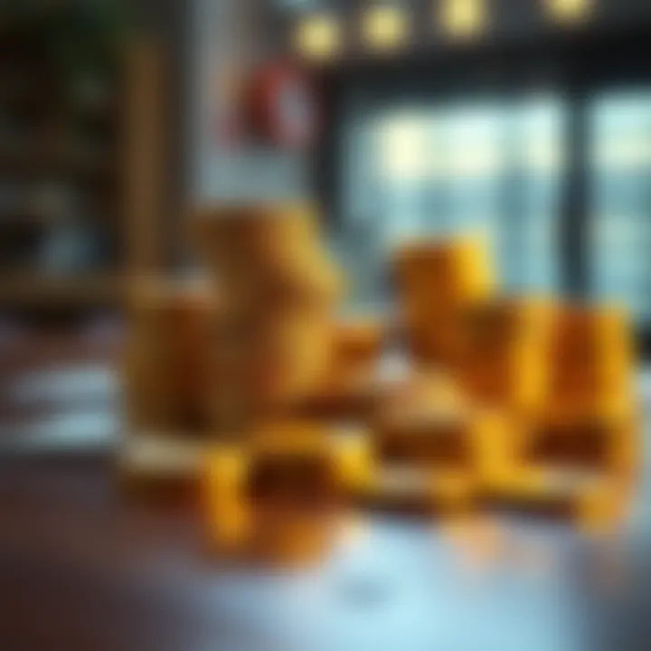 A close-up view of shiny gold coins stacked on a wooden table, symbolizing wealth and financial stability