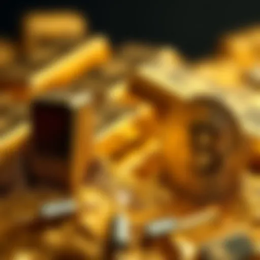 Gold bars rising while Bitcoin symbol stagnates, symbolizing market trends