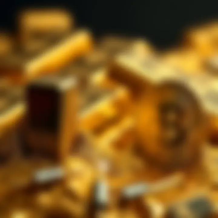 Gold and Bitcoin Comparison Gold bars rising while Bitcoin symbol stagnates, symbolizing market trends