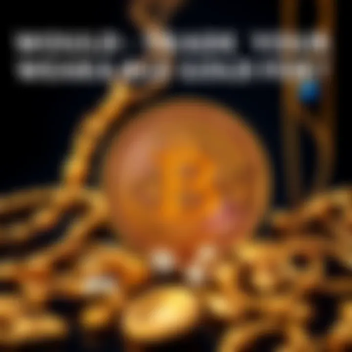 A collection of gold jewelry next to a Bitcoin symbol, illustrating the debate between traditional gold and digital currency.