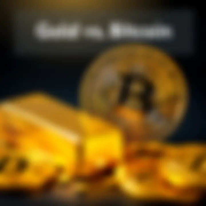 A side-by-side view of a gold bar and a Bitcoin coin, highlighting their differences as financial assets