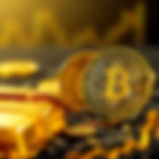 A graphic showing gold bars rising in value alongside a flat Bitcoin symbol, representing contrasting financial trends.