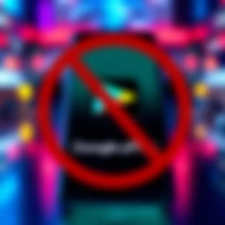 A smartphone displaying the Google Play Store logo with a warning symbol indicating a ban on unlicensed wallets