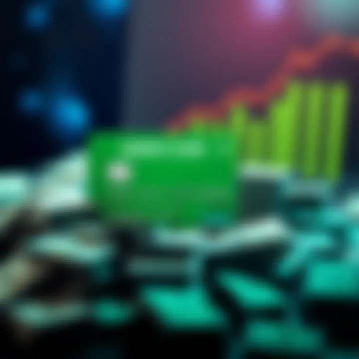 A green credit card displayed alongside piles of cash and a staking chart, representing cashback rewards and investment benefits.