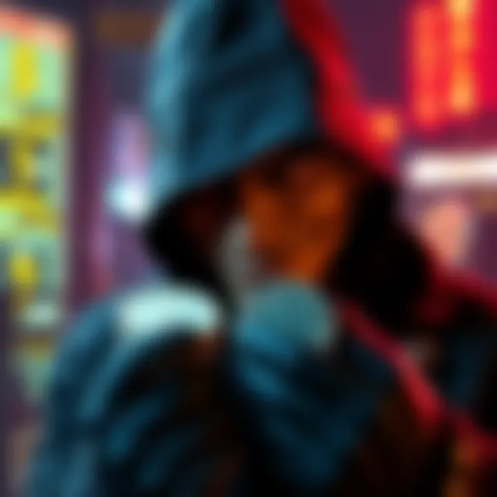 A shady character with a sly grin holding cryptocurrency coins, representing the risk to digital finance integrity.