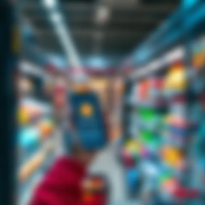 A shopper holding a smartphone displaying a cryptocurrency wallet app while picking groceries in a store