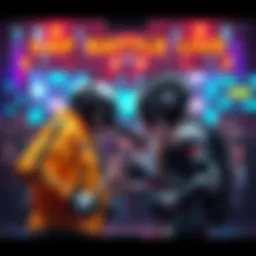 Grok and a challenger face off in a rap battle on stage, with a lively crowd and digital visuals in the background.