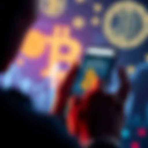 A person searching for 'Buy Bitcoin' on a smartphone with cryptocurrency symbols in the background