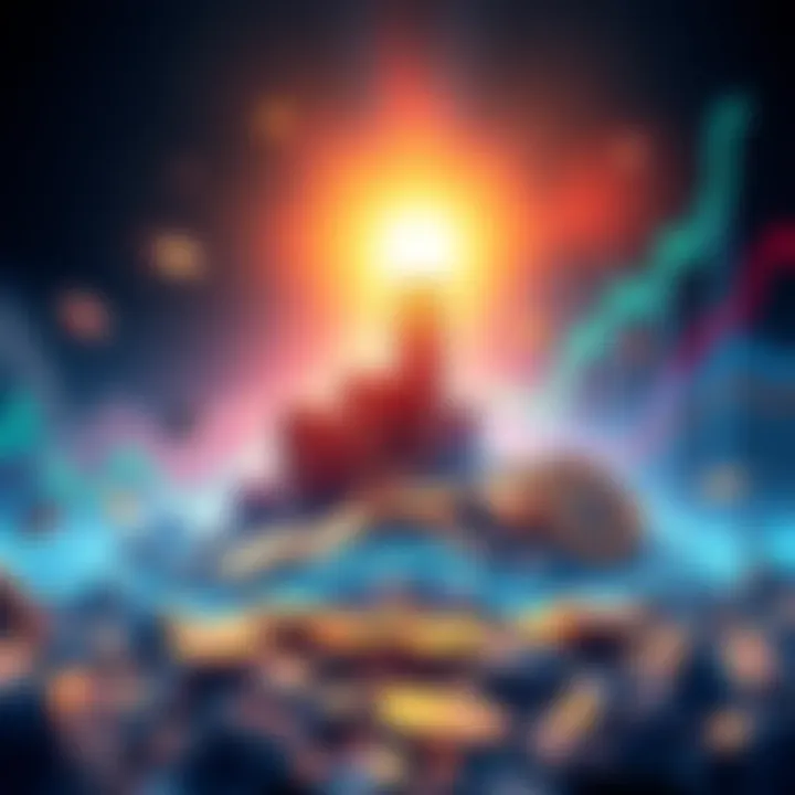 An illustration of a rising cryptocurrency graph with coins and a bright future symbolizing the market cap reaching one quadrillion dollars.