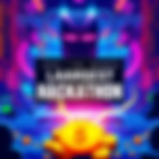 A vibrant graphic announcing a large hackathon event with coding elements and monetary prizes.