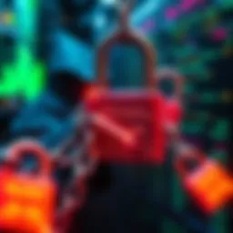 Hackers exploiting public blockchains to hide malware, showing digital locks and chains.