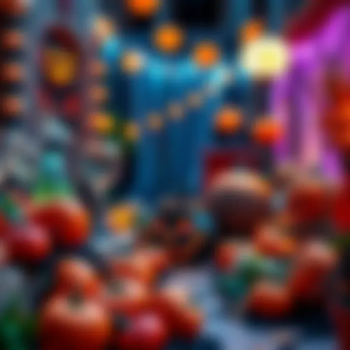 A vibrant display of Halloween decorations including pumpkins, spooky lights, and Halloween-themed items, showcasing the creativity of the season.