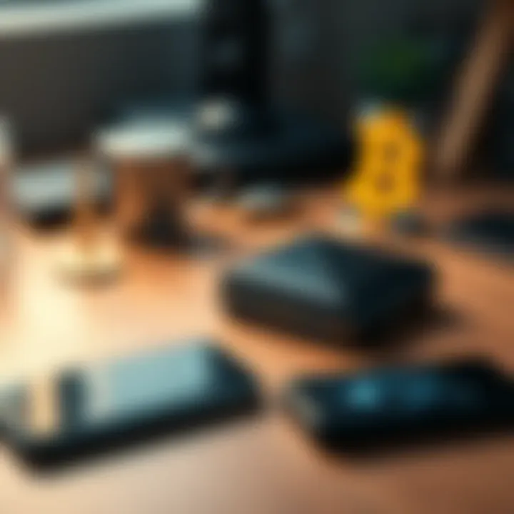 A hardware wallet device placed on a wooden desk next to a smartphone and cryptocurrency symbols