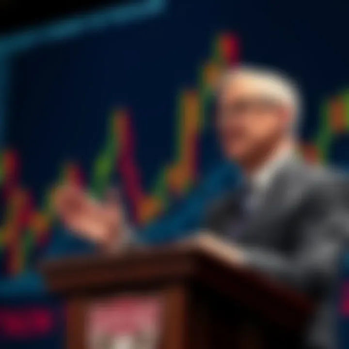 A Harvard economist speaking at a podium about Bitcoin investment changes, with a backdrop of a financial graph. 