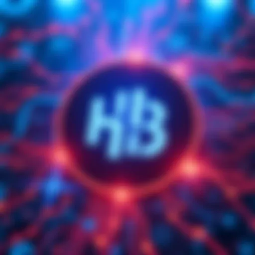The HBAR logo surrounded by blockchain-inspired graphics and transaction symbols