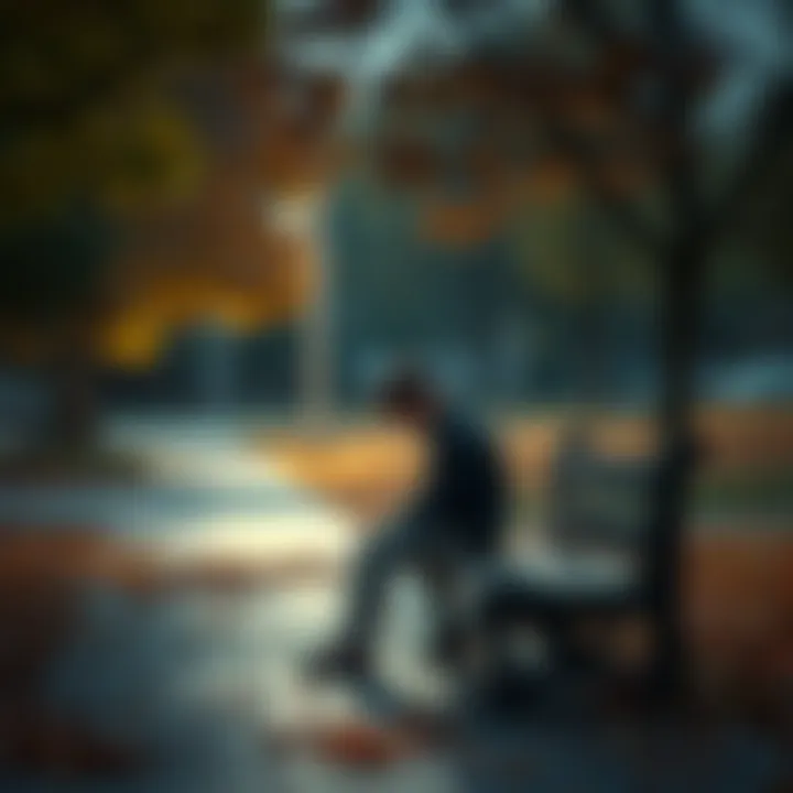 A person sitting alone on a bench, looking down with a somber expression, surrounded by autumn leaves to symbolize loss and reflection.
