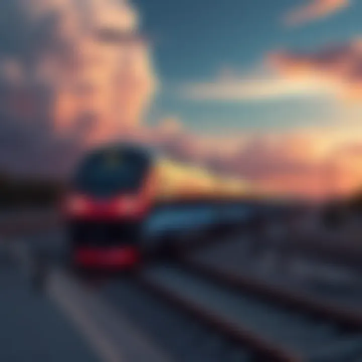 A digital train representing the Hedera Hashgraph, moving along a track symbolizing technological progress, with clouds of concern in the background.