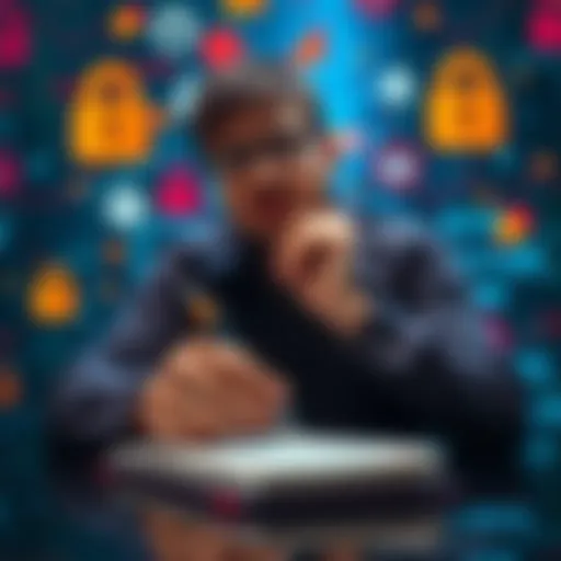 A person thinking with a notepad and pen, surrounded by digital security symbols, illustrating the concept of creating strong passphrases for securing crypto accounts.