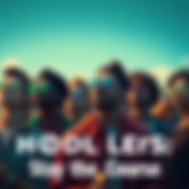 A group of diverse people looking confidently toward the horizon while holding cryptocurrency tokens, symbolizing patience in a volatile market.