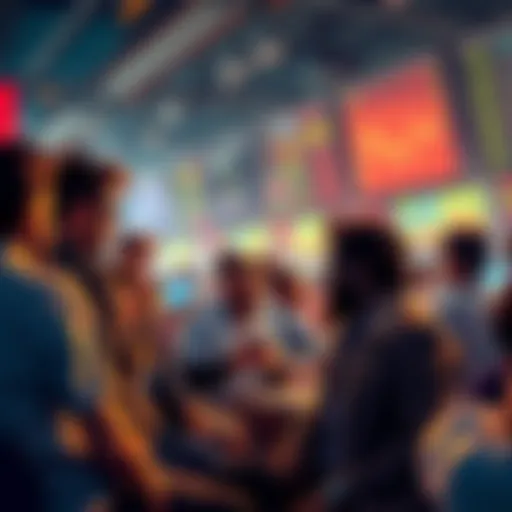 A group of diverse traders discussing HODLing strategies in a vibrant crypto community setting