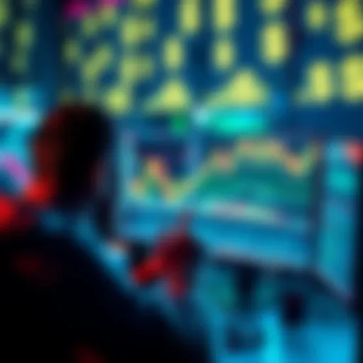 A person looking at cryptocurrency charts on a computer screen, contemplating investment decisions, with dollar signs in the background.