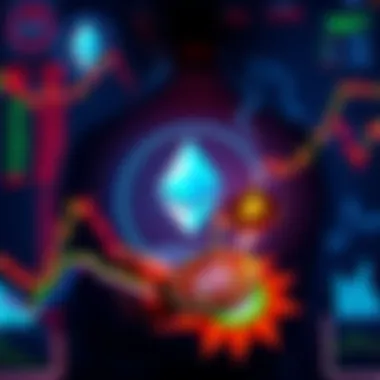 A person contemplating investment in cryptocurrencies BMNR and SBET, surrounded by charts and numbers showing market trends, with Ethereum logo in the background.