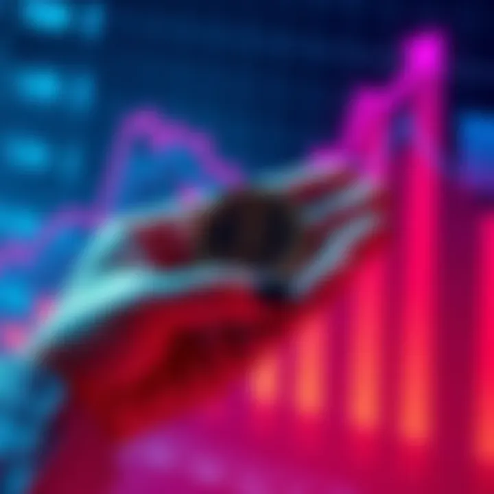 A person holding digital tokens, symbolizing patience in investment, with a graph showing growth in the background.