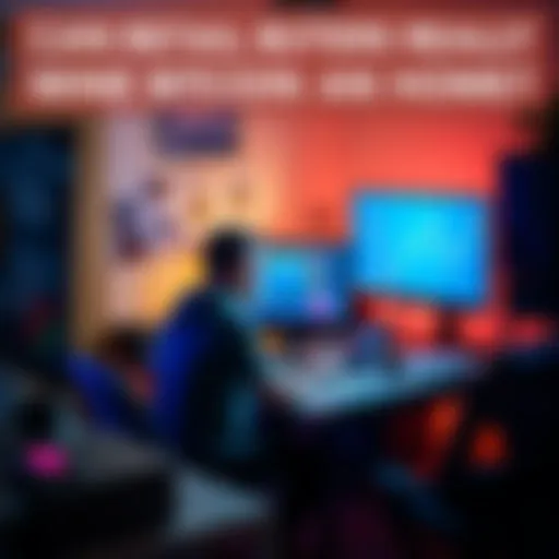 A person sitting at a desk with a computer, analyzing Bitcoin mining software and hardware setup.