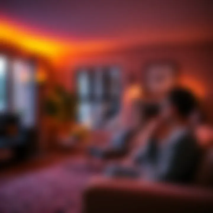 A cozy living room with a person using a smart thermostat while sitting on the couch