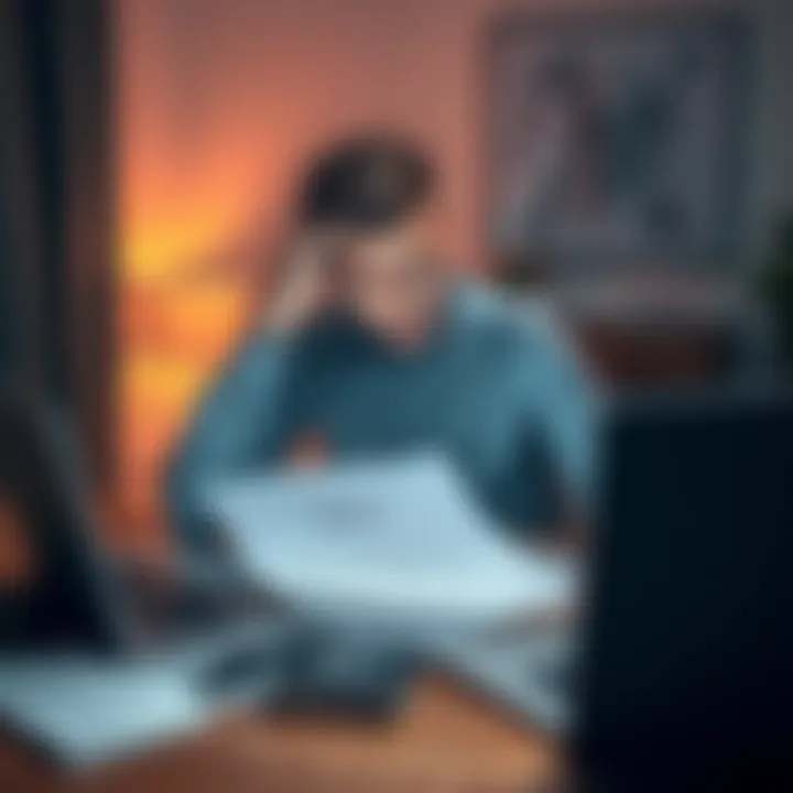 A frustrated first-time home buyer sits at a table with loan documents and a laptop showing Bitcoin values, looking concerned about mortgage hurdles.