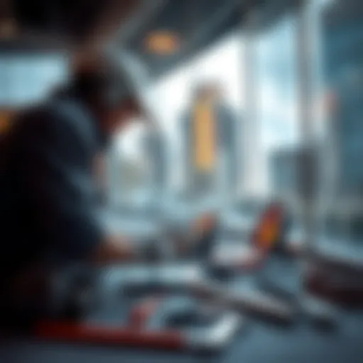 A technician installing an indoor hotspot in a modern building in Dallas, with tools and equipment laid out.