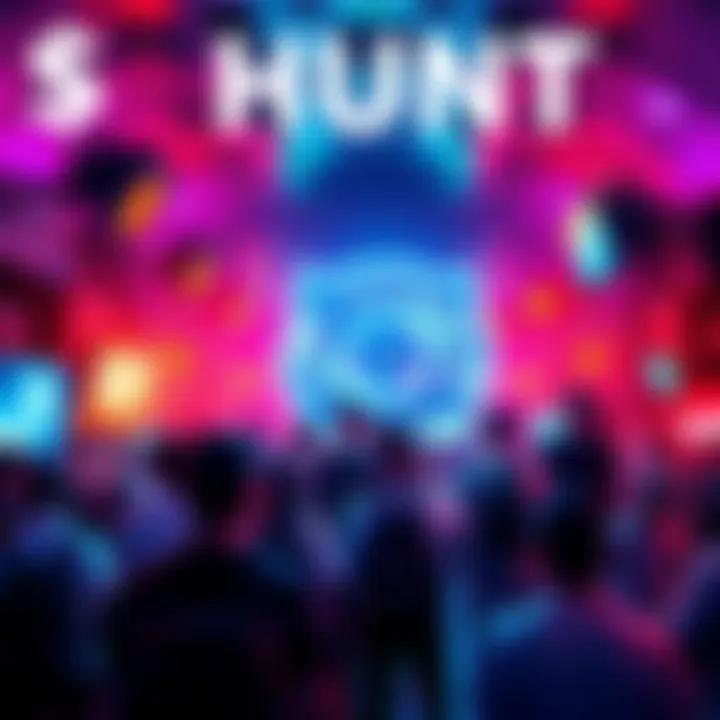 A vibrant digital community celebrating the rapid growth of the $HUNT token, showcasing people engaging in activities like gaming and rewards.