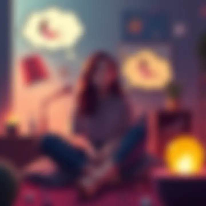 A person sitting in a cozy room, daydreaming about their imaginary girlfriend with whimsical thought bubbles and artistic elements around them.