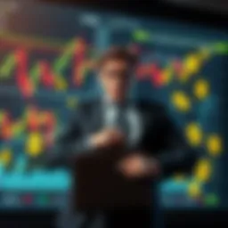 A graphic showing stock market charts and dollar signs with a person looking shocked while holding a briefcase.