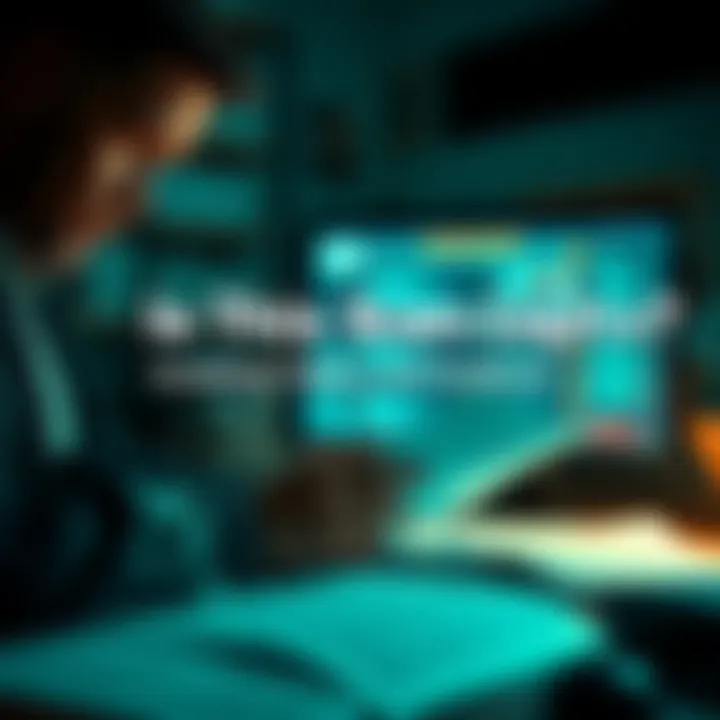 Investigator analyzing claims A person examining documents and a computer screen, looking for evidence related to a potential scam.