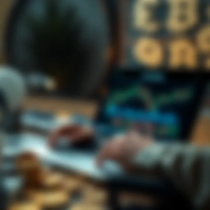 A person reviewing cryptocurrency charts on a laptop with dollar bills and coins on the table.