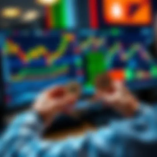 A person looking at stock charts on a computer while holding Bitcoin symbols in their hands
