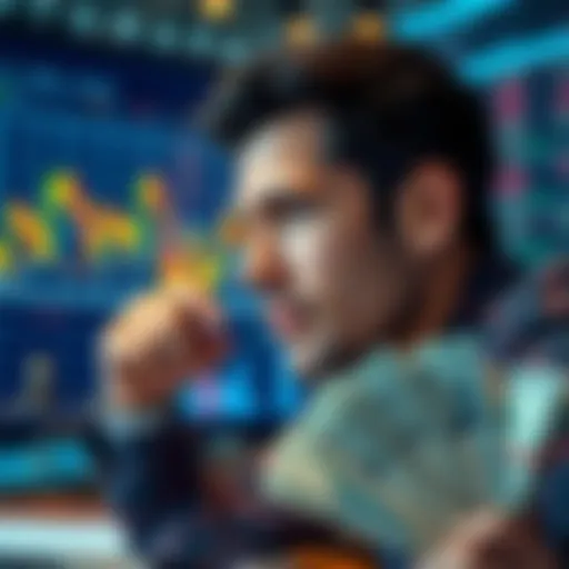 A person contemplating investment options, with financial charts and cash in the foreground.