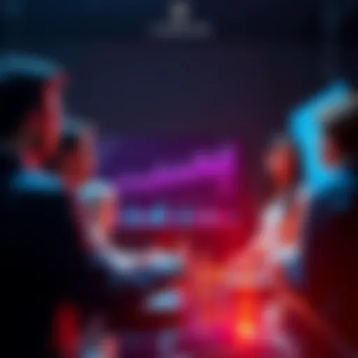 A group of people discussing investment strategies for Cardano with charts and graphs on a screen