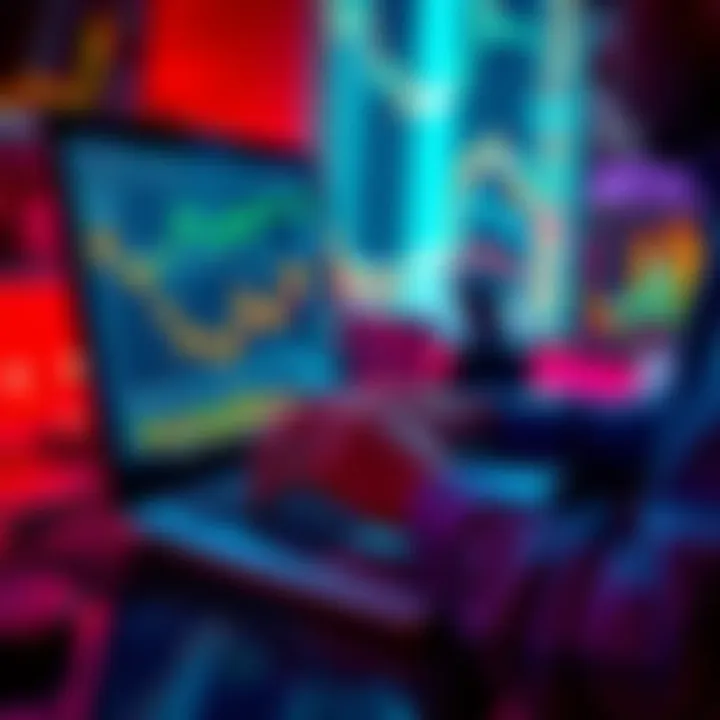A person analyzing cryptocurrency charts and data on a laptop with graphs and digital currency icons