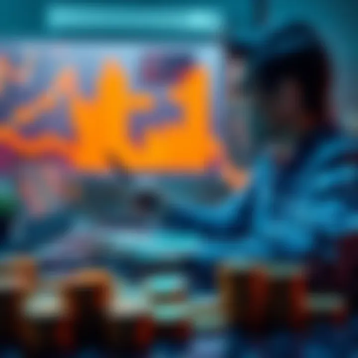 A person analyzing cryptocurrency trends on a laptop with digital coins in the foreground