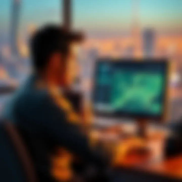 A casual investor looking at a computer screen displaying digital land plots in Atlas Earth, contemplating his $550 investment amidst mixed reactions from friends and family.