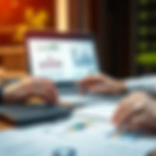 A close-up view of a person analyzing financial charts and graphs on a laptop, with a calculator and documents on the table.