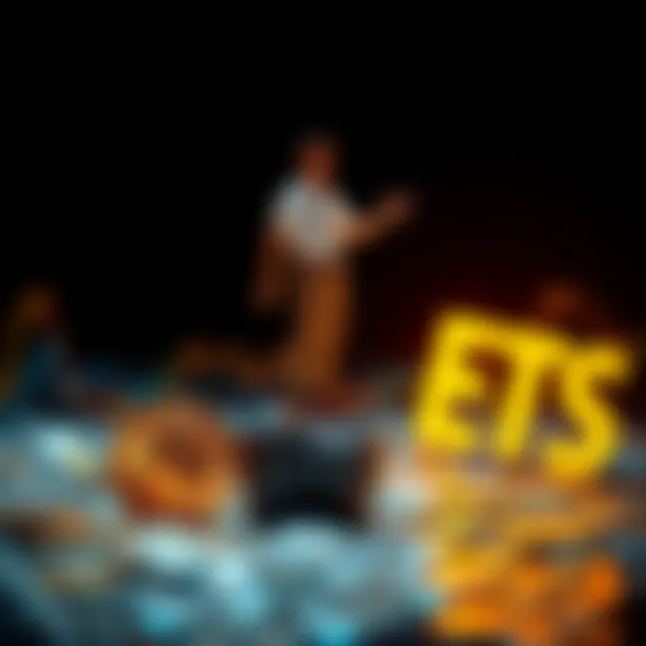 A person balancing between cryptocurrency and ETF symbols, representing a diverse investment strategy.